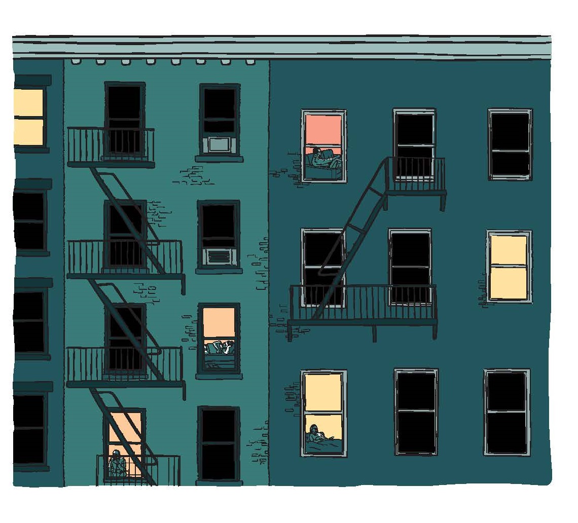 Kristen Radtke's art depicting an apartment building at night, from "Seek You"