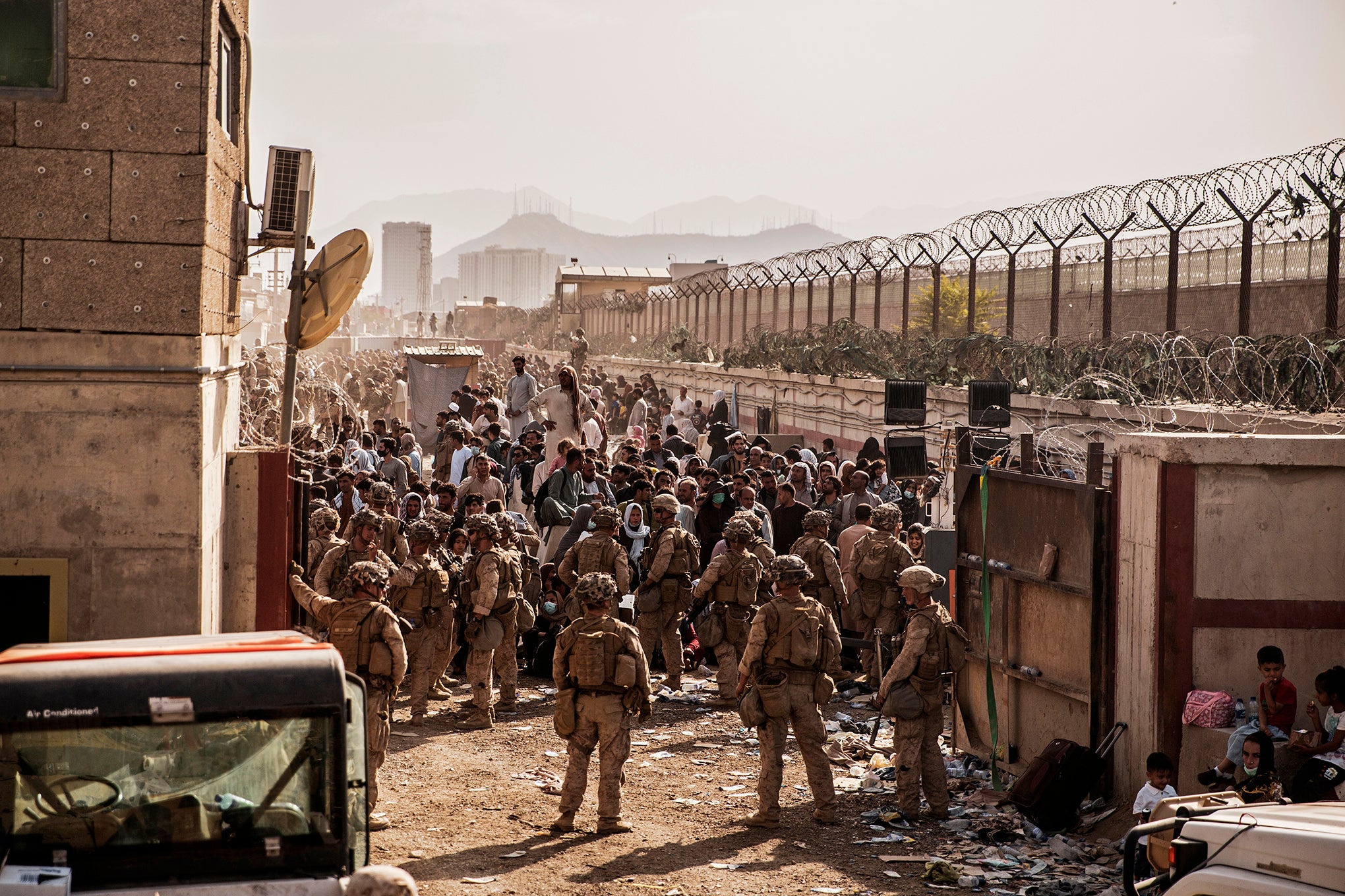 An evacuation at Hamid Karzai International Airport, Kabul, Afghanistan