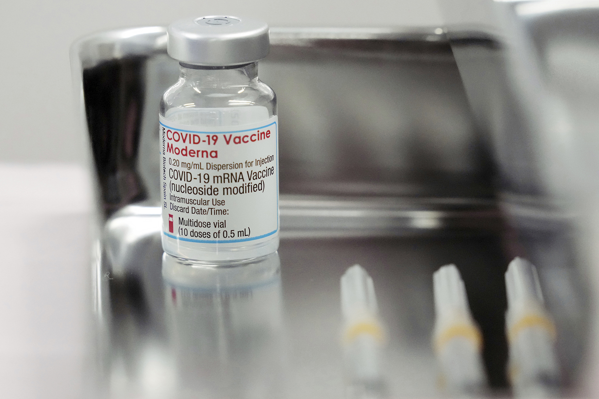 A vial of the Moderna COVID-19 vaccine.