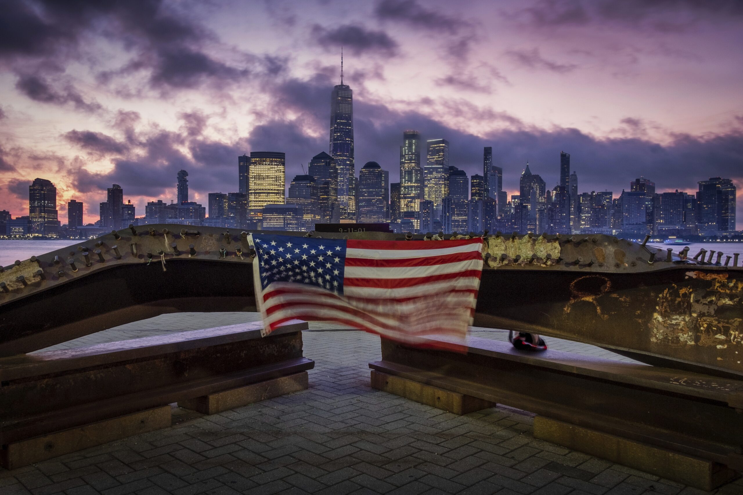 A U.S. flag hanging from a steel girder, damaged in the Sept. 11, 2001 attacks on the World Trade Center