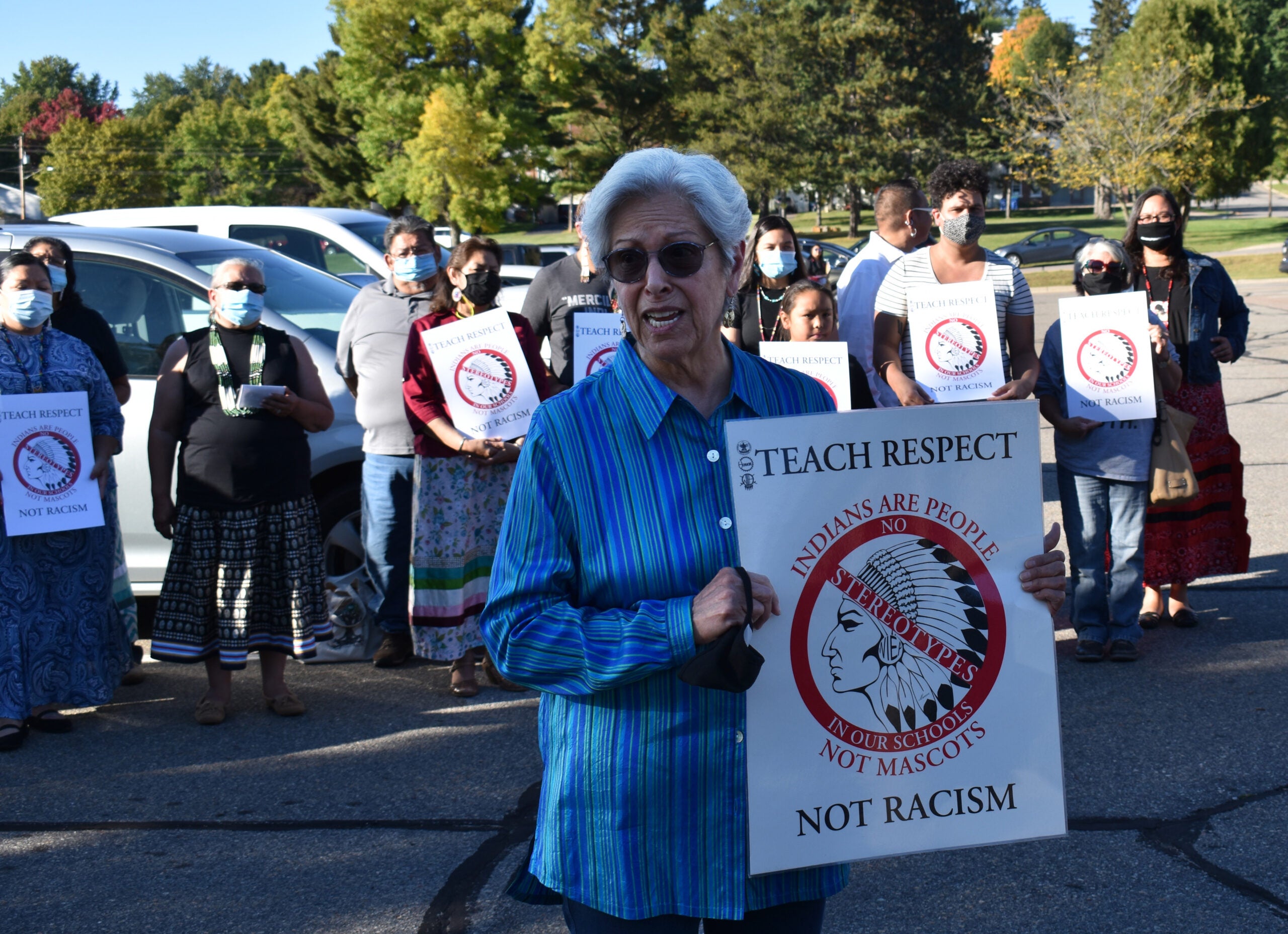 Barb Munson speaks at a press conference Monday after a Wausau teacher was photographed wearing a stereotypical Native costume during a history lesson.