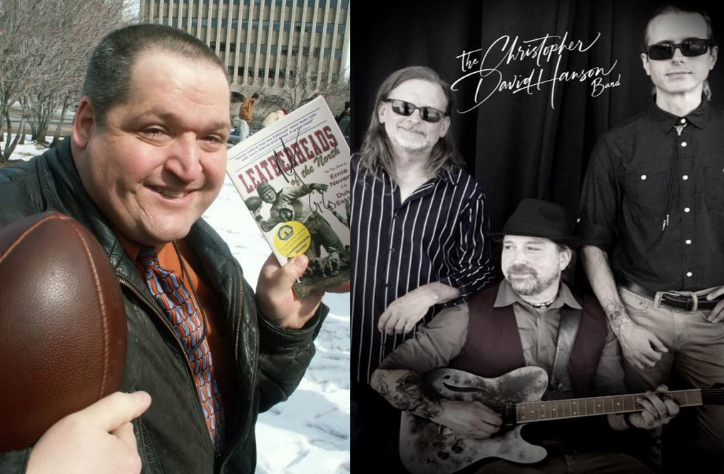 Chuck Frederick (left), author of "Leatherheads of the North" holds his book; on the right is the Christopher David Hanson Band with drummer Jim Pietila (left), Christopher David Hanson (center) and bassist Shane Kingsland (right)