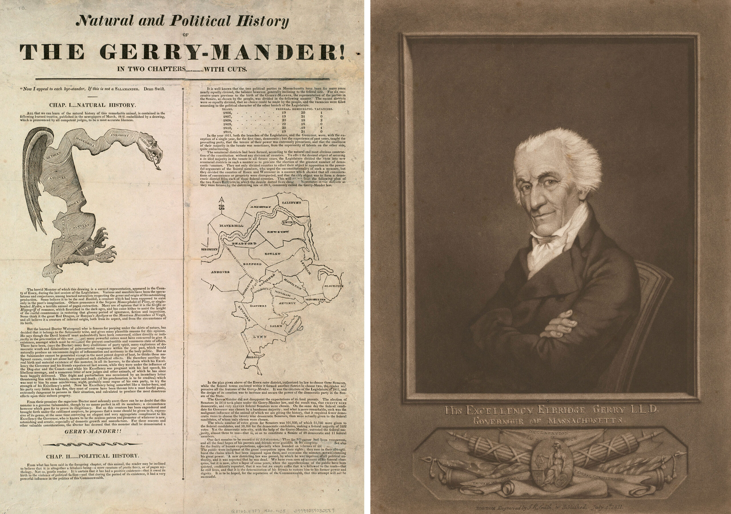 A political broadsidewith text and a salamander cartoon, and an illustration of a man with white hair