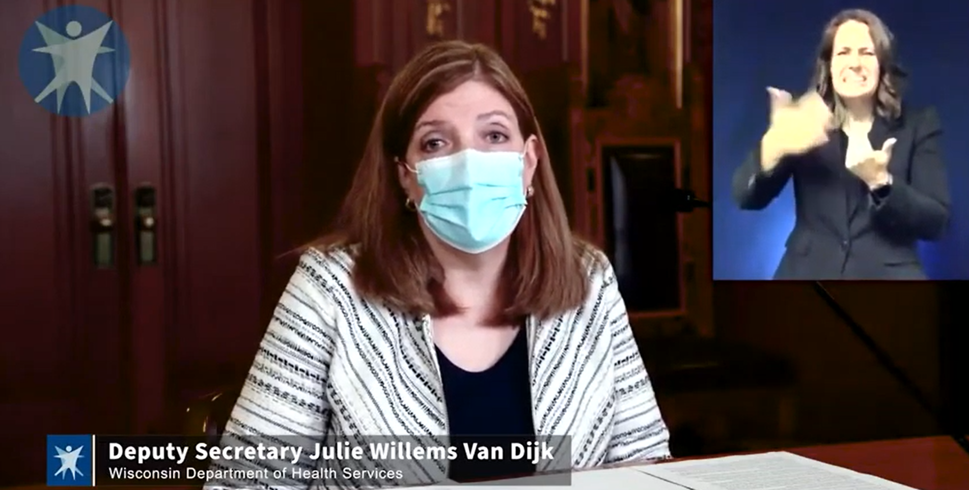 Julie Willems Van Dijk appears at a media briefing