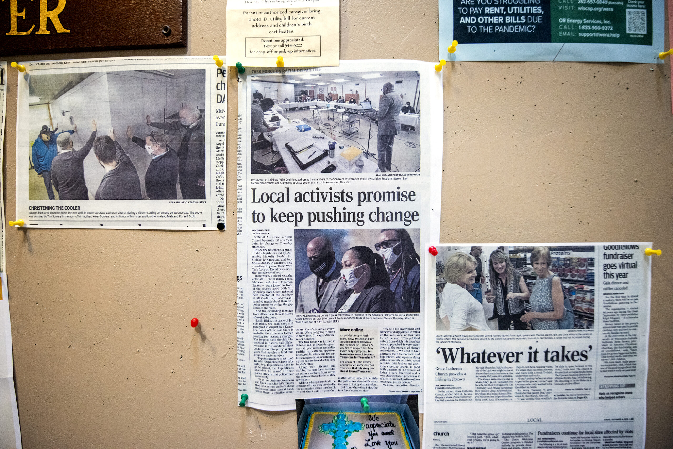 Three clippings of local newspapers show headlines from the area.