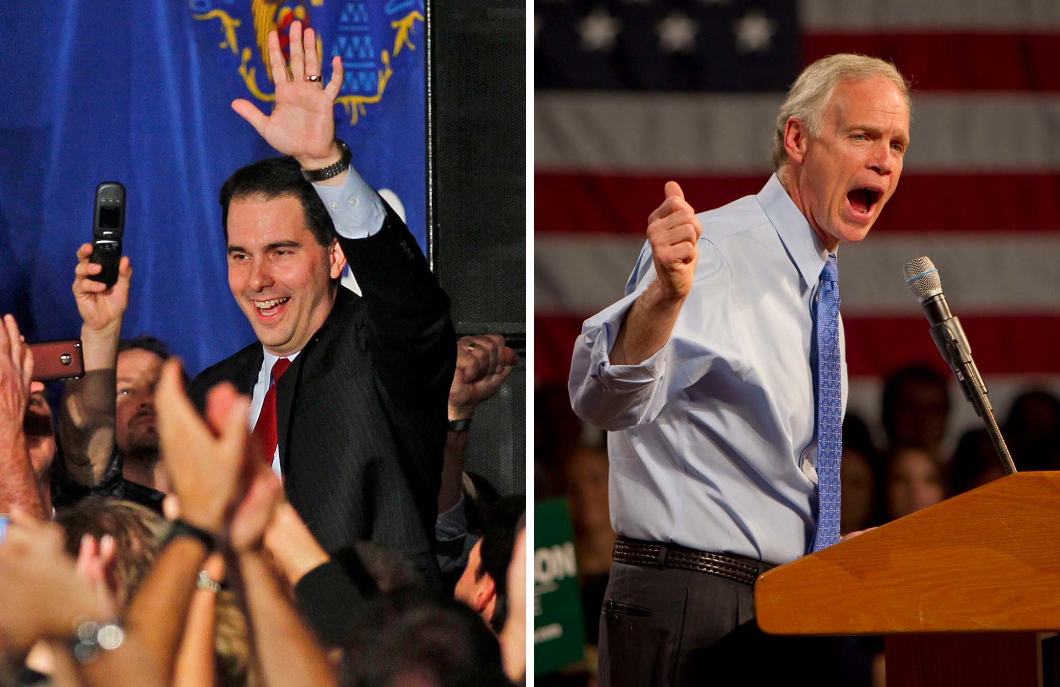 Side-by-side photos of men standing on stages speaking to crowds