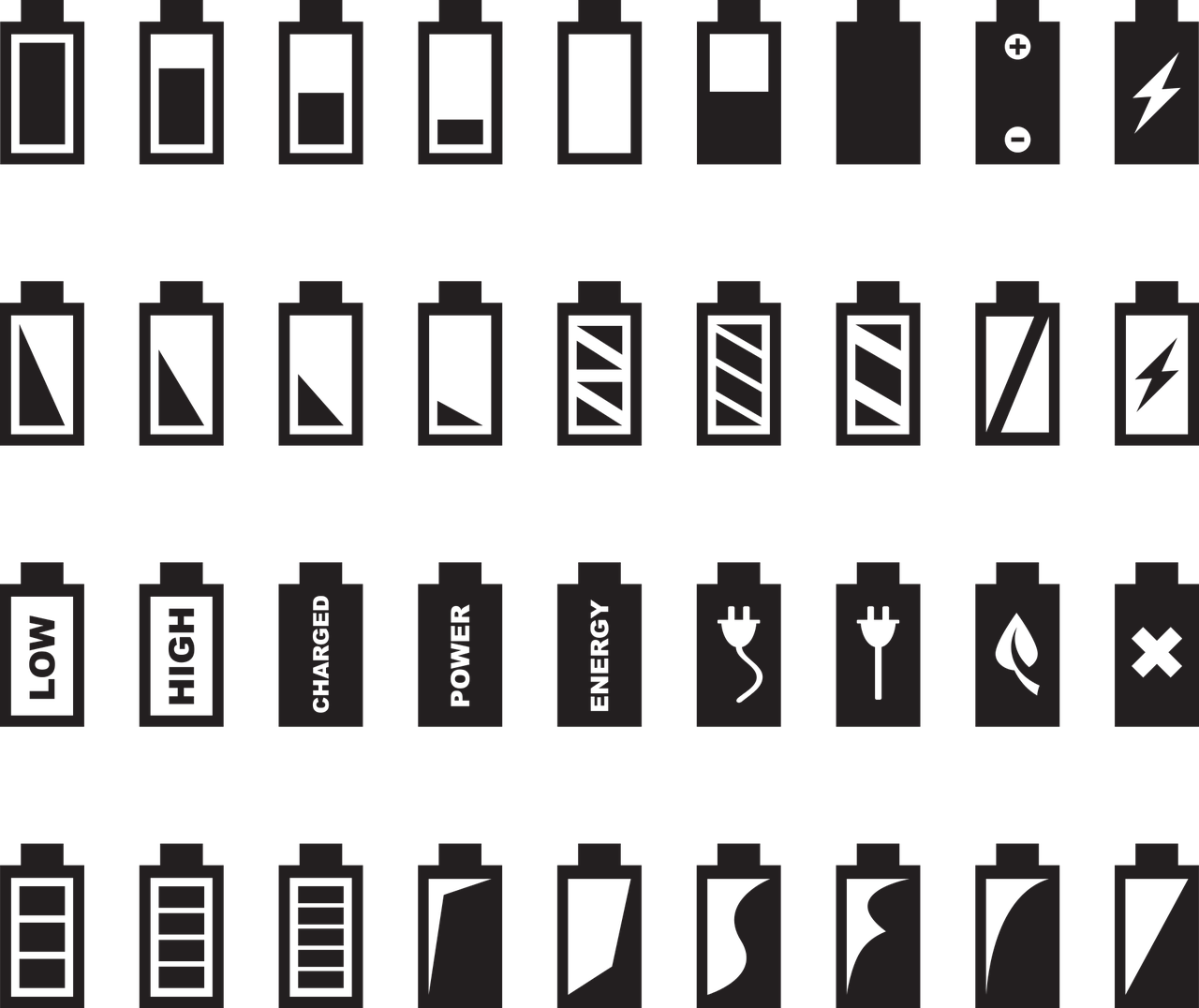 A black and white illustration of a battery displaying different levels of charge.