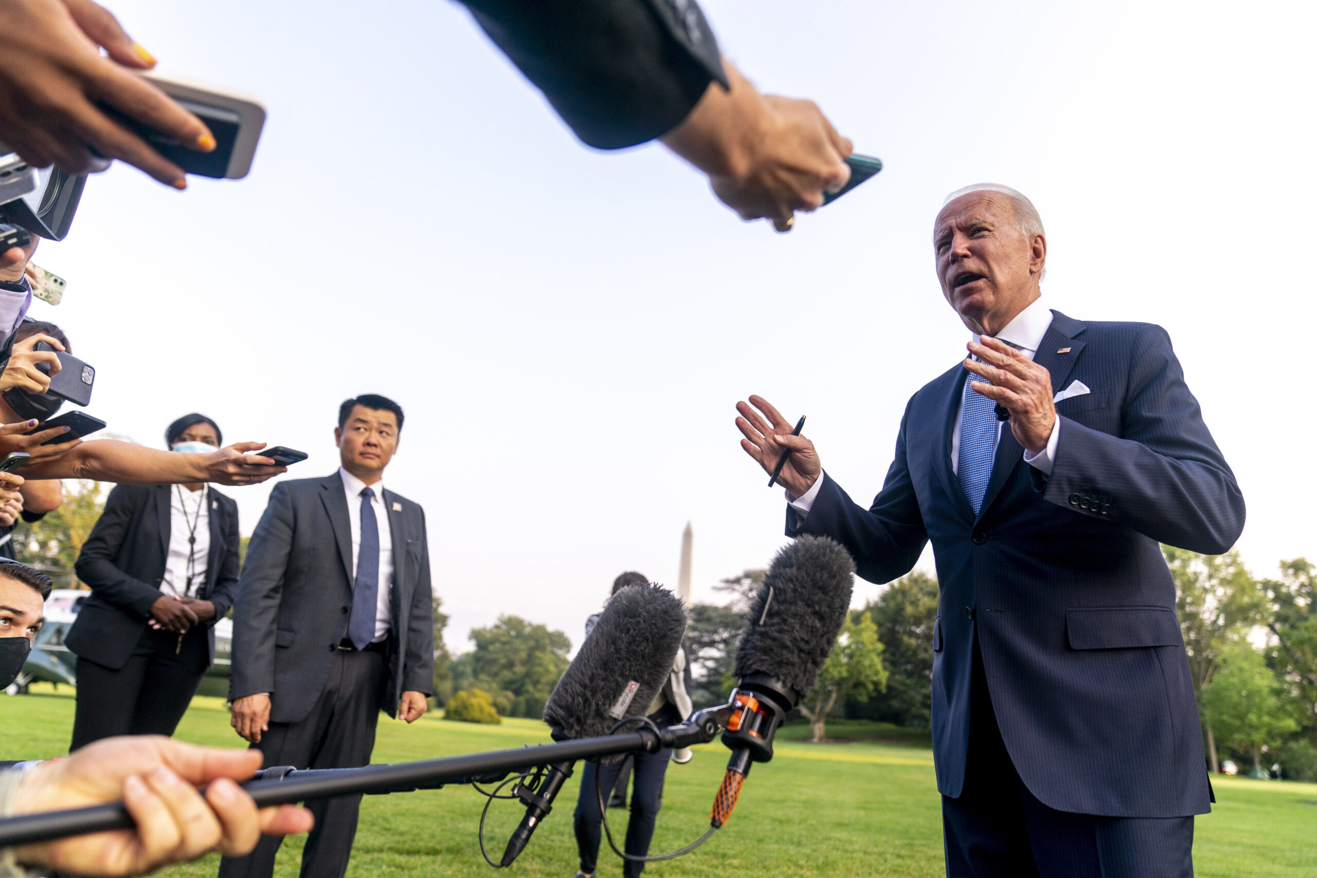 President Joe Biden speaks to members of the media
