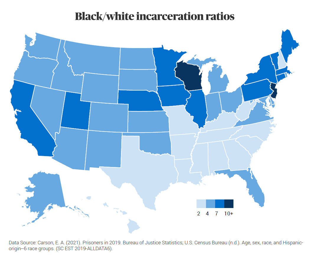 Map of Black/white incarceration ratios.