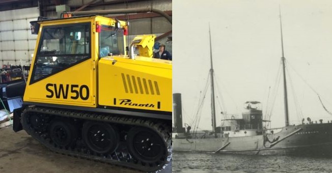 Superior's $175,000 sidewalk snow removing Prinoth machine (left) readies for winter in a city garage; Photo Courtesy of the City of Superior, 2021. The Bannockburn (right), most likely lost on Lake Superior in 1902; Photo Courtesy of Brendon Baillod.