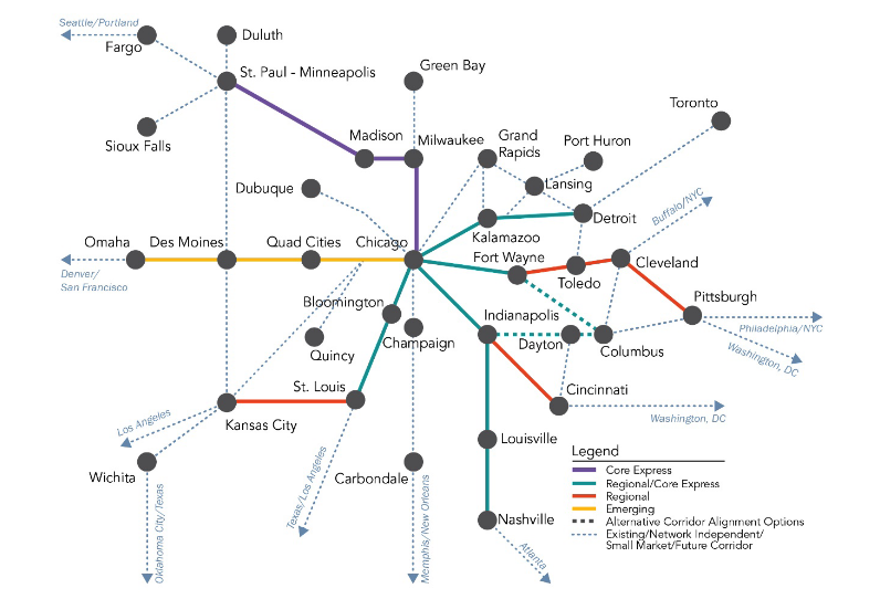 A railroad route map of Midwestern cities