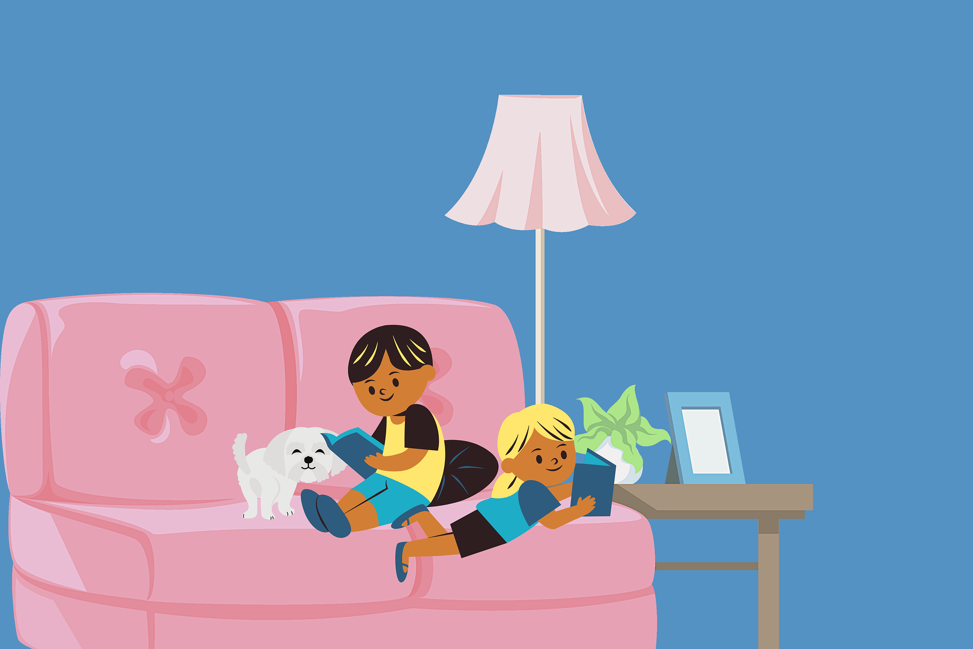 An illustrated image of two children reading in a living room on a pink couch.