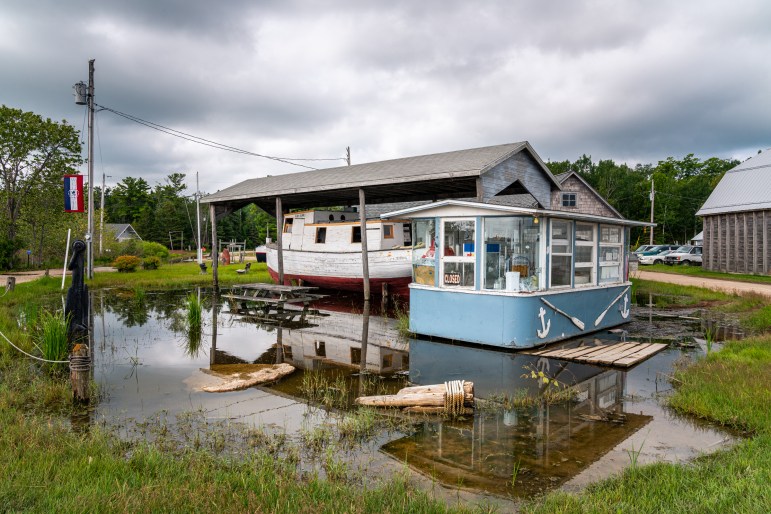 water is inches away from completely submerging piers at Jackson Harbor on Washington Island