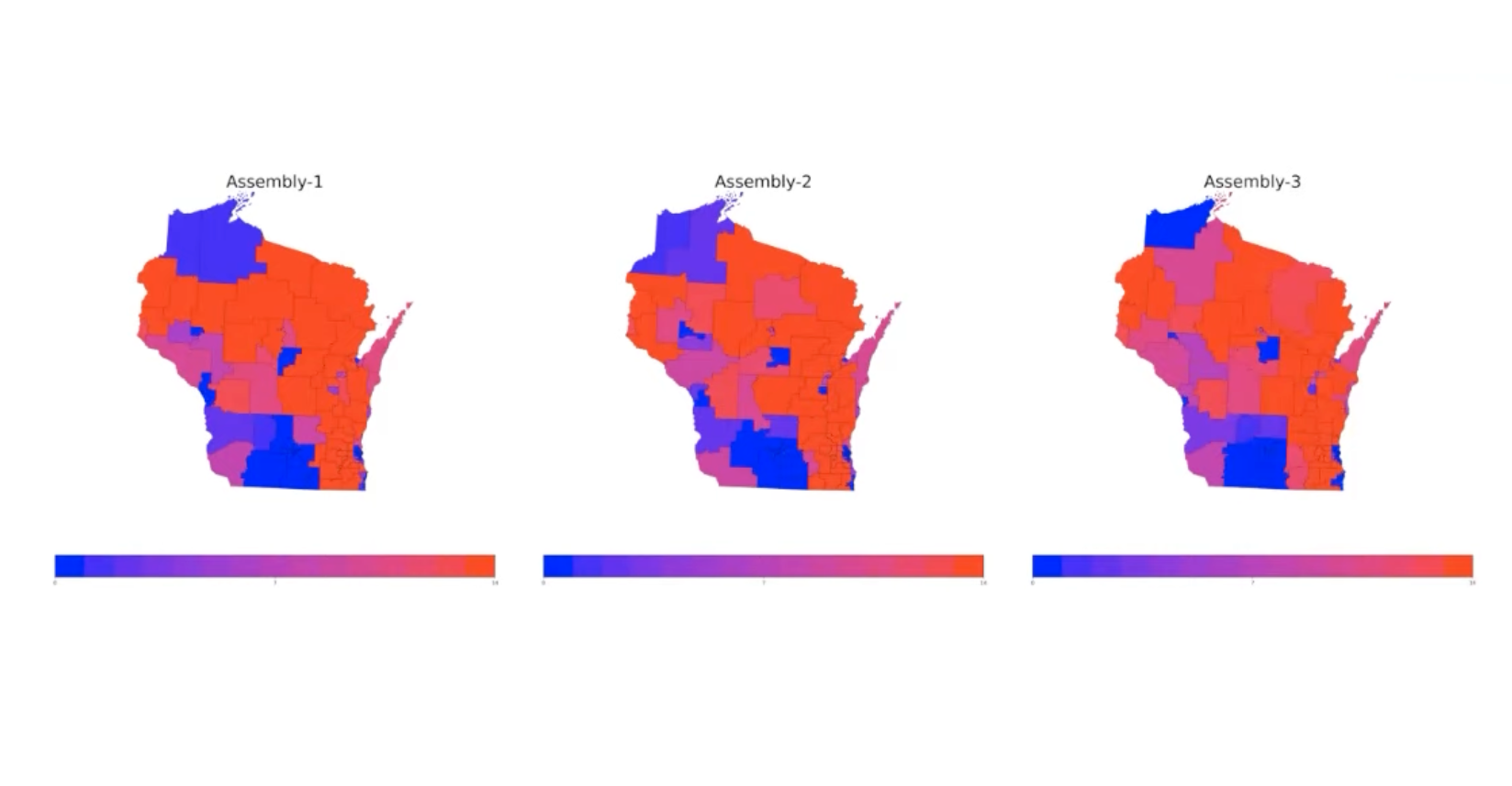 three political district maps of Wisconsin in red and blue