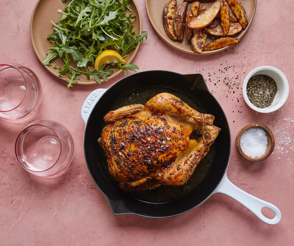 Recipes: roasted chicken with potatoes and fresh arugula salad and butter chicken bowls with white rice