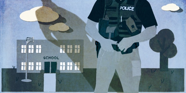 An illustration of a police officer in front of a school