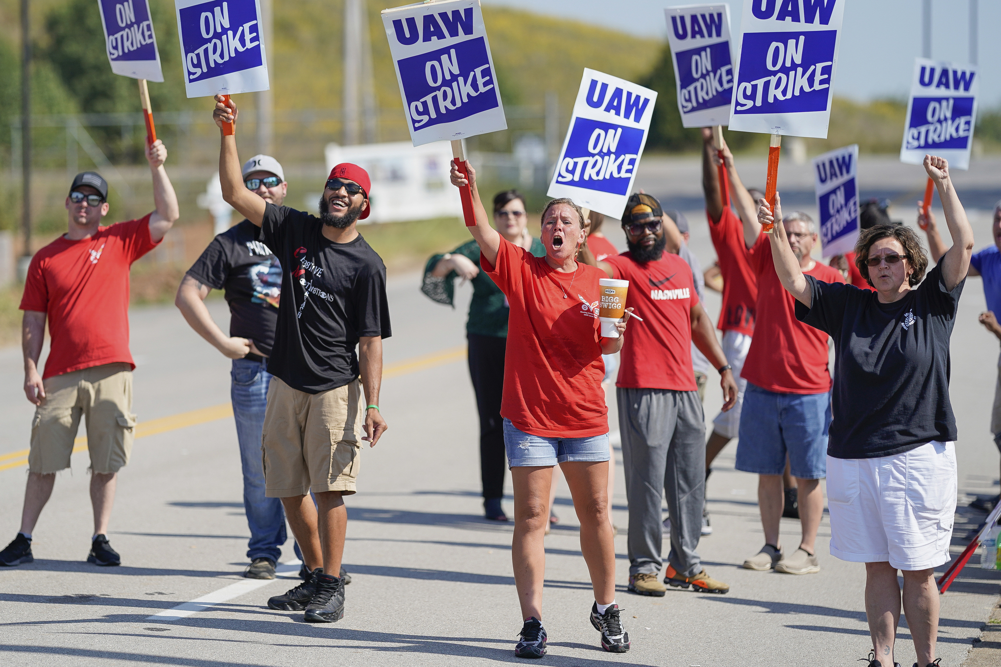 Striking workers outside a General Motors plant