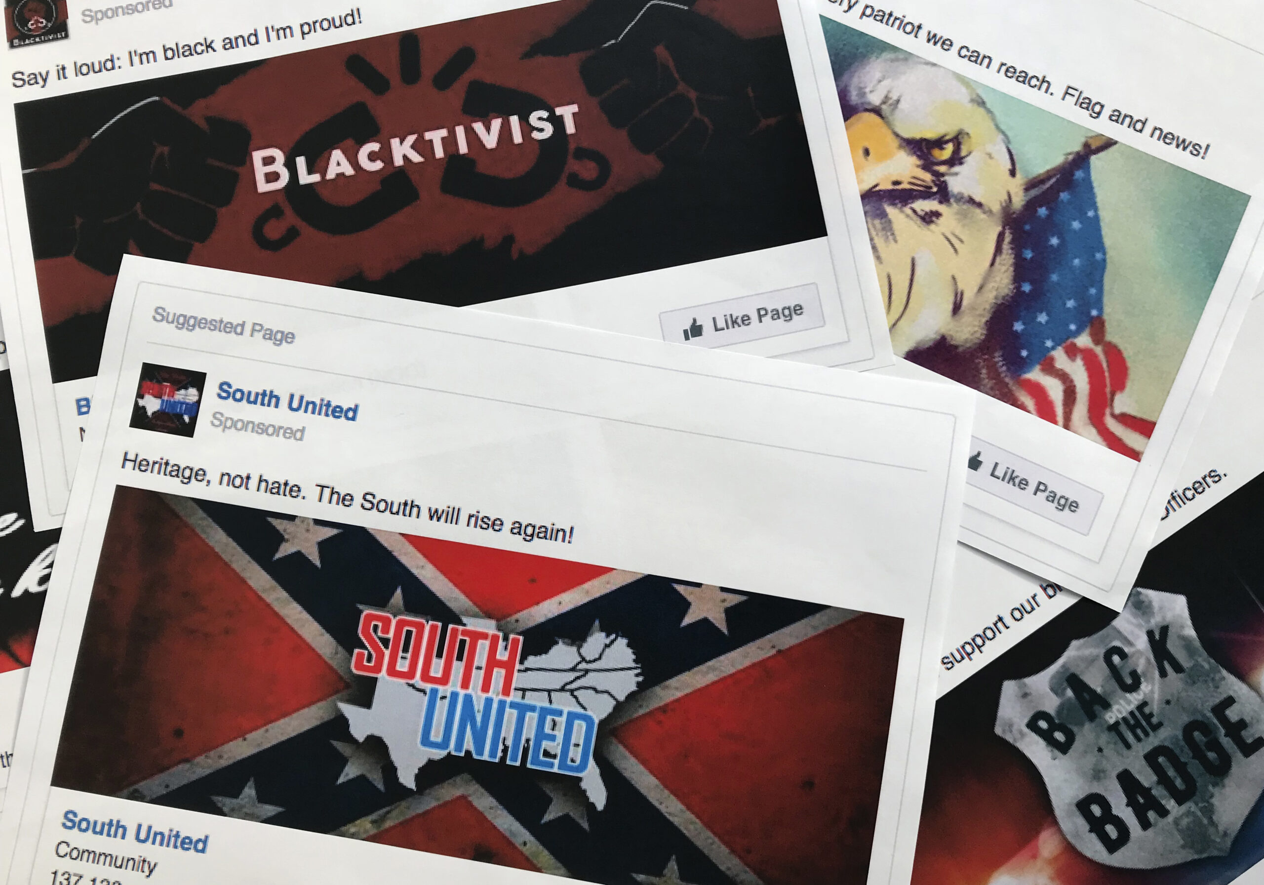 This Nov. 1, 2017 file photo shows prints of some of the Facebook ads linked to a Russian effort to disrupt the American political process