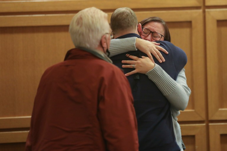 Kathryn Campbell hugs her husband Steven Campbell after hearing the not guilty verdict in her criminal trial