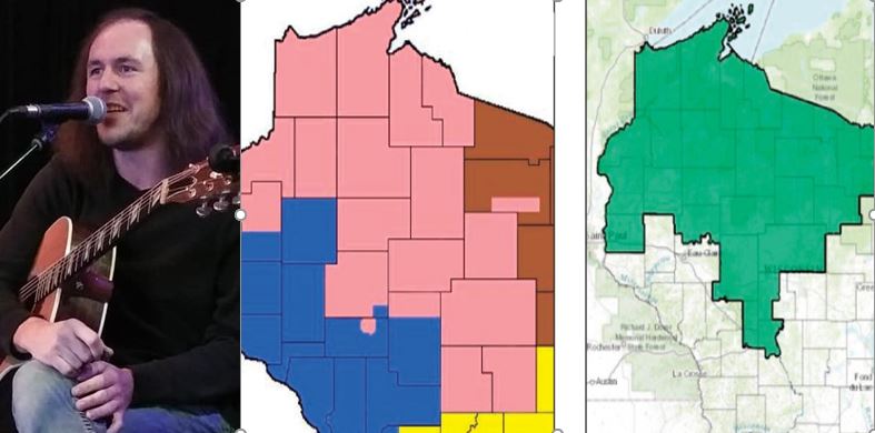 Musician Shane Nelson (left) and a graphic map of Wisconsin's 7th Congressional Disctrict before 2011 redistricting (middle) and after (right). Images courtesy of Shane Nelson, Robin Washington and Wikipedia.