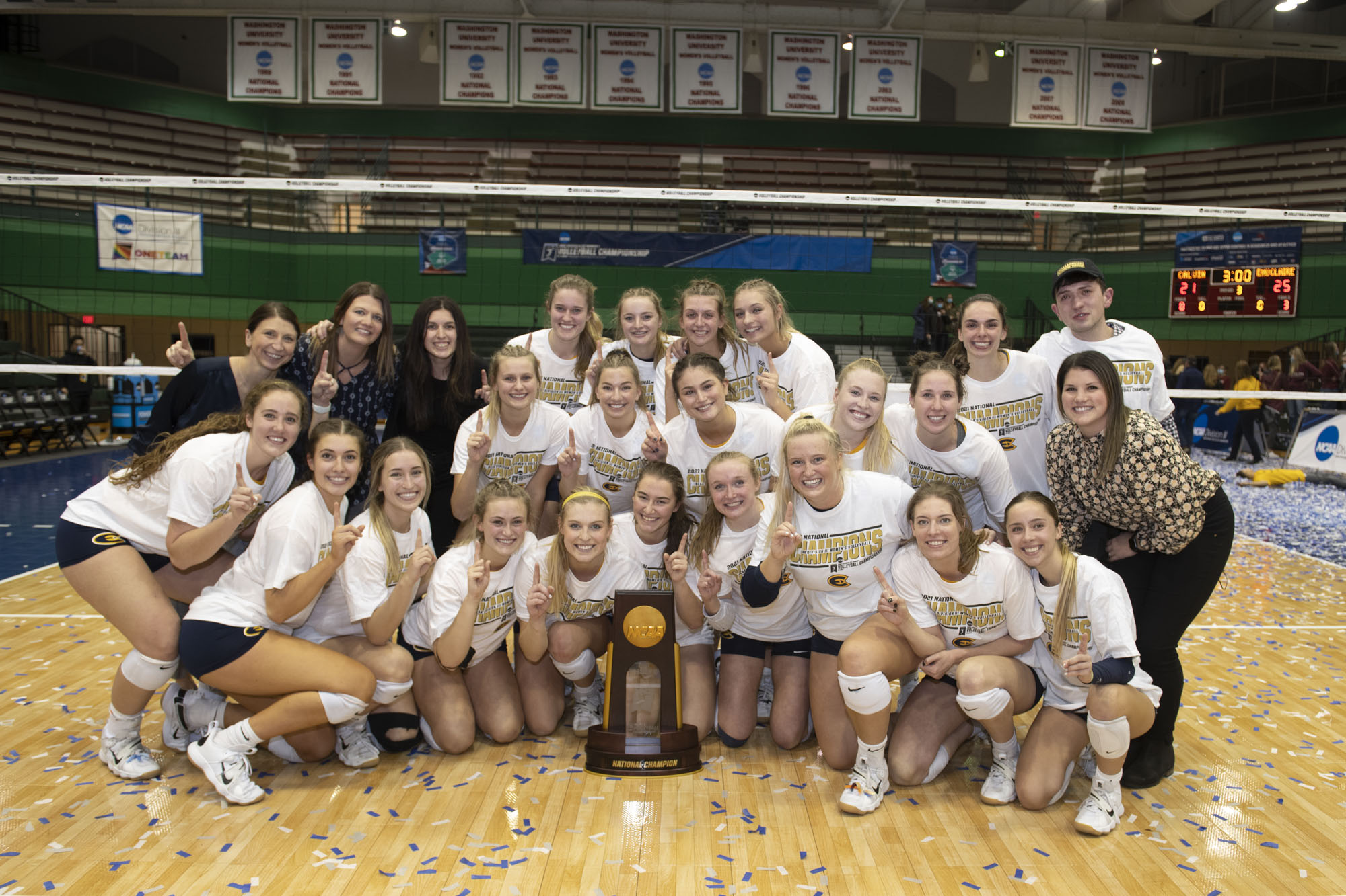 The UW-Eau Claire women's volleyball team poses with its Division III National Championship trophy