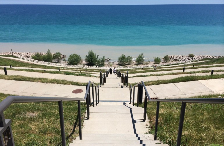 A rock wall to buffer waves built at Concordia University of Wisconsin