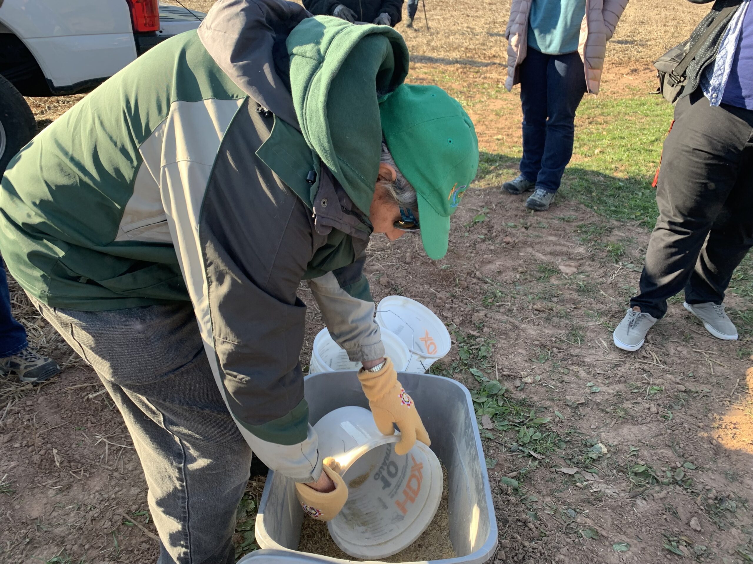 A volunteer scoops grass and sedge seeds to hand sow prairie near the University of Wisconsin-Green Bay