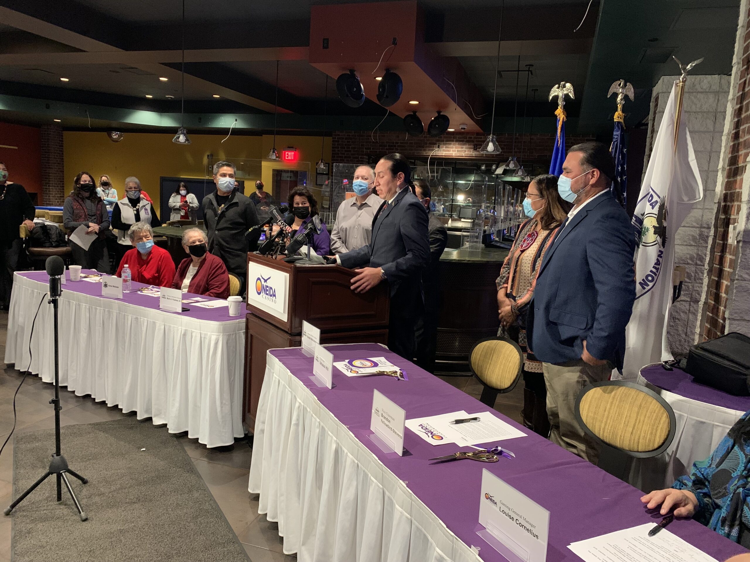 Officials speak at the 2021 opening of legal sports betting at a Green Bay Casino