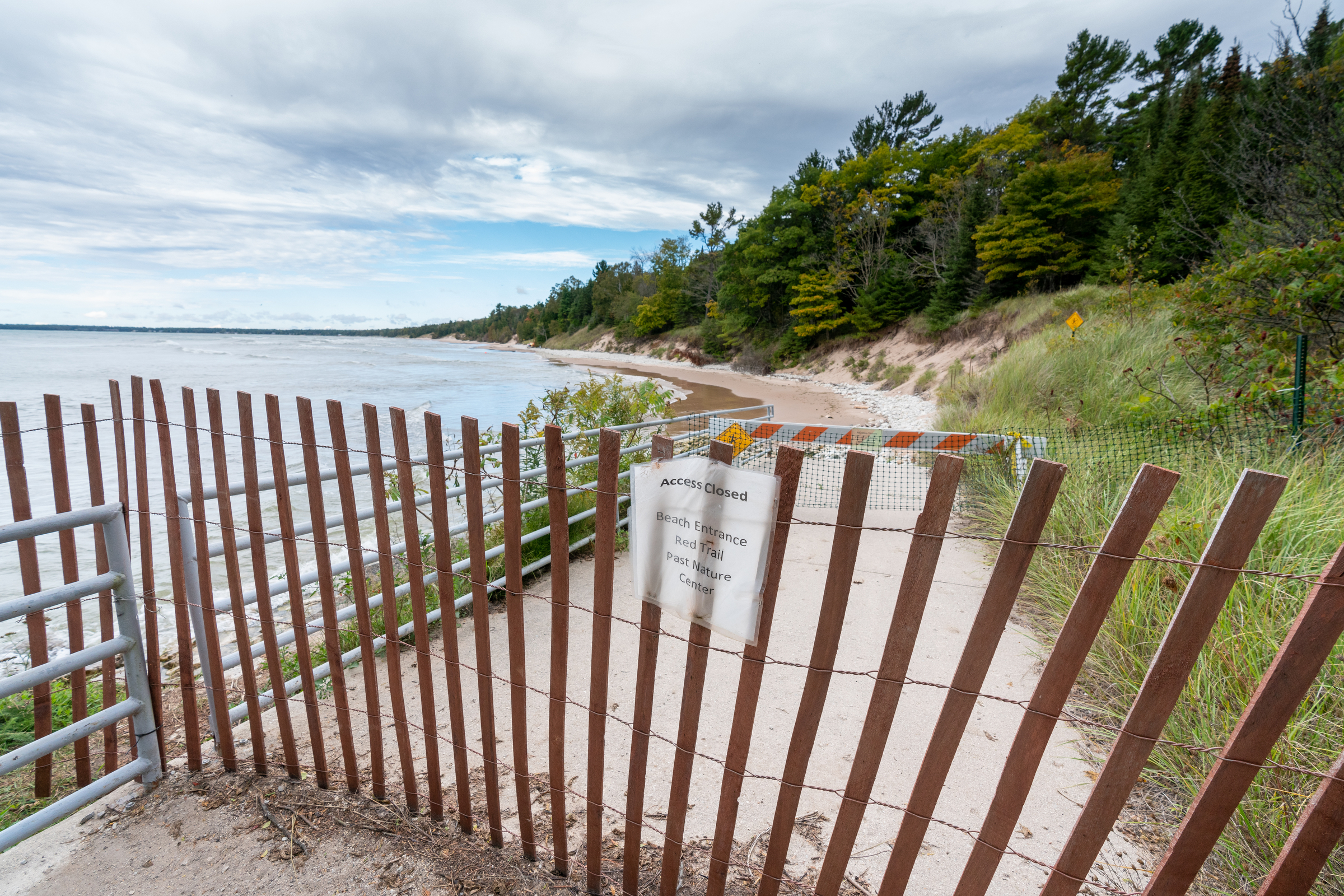 High water and a closed boardwalk are seen at Whitefish Dunes State Park in Door County,