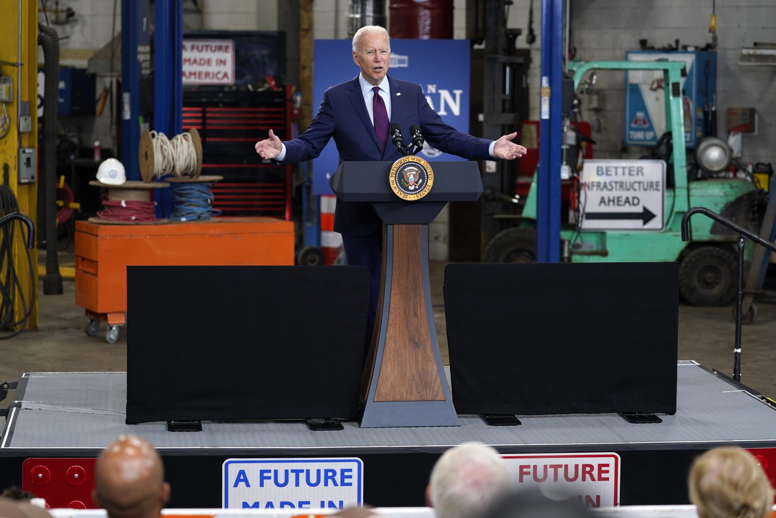 President Joe Biden speaks about infrastructure spending at the La Crosse Municipal Transit Authority