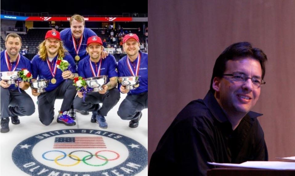 Team Shuster members (left) celebrate on the ice after their come-from-behind win to qualify for the 2022 Olympics in Beijing. Jazz musician and music professor Ryan Frane (right). Photo courtesy of Bob Weder, USA Curling and Ryan Frane.