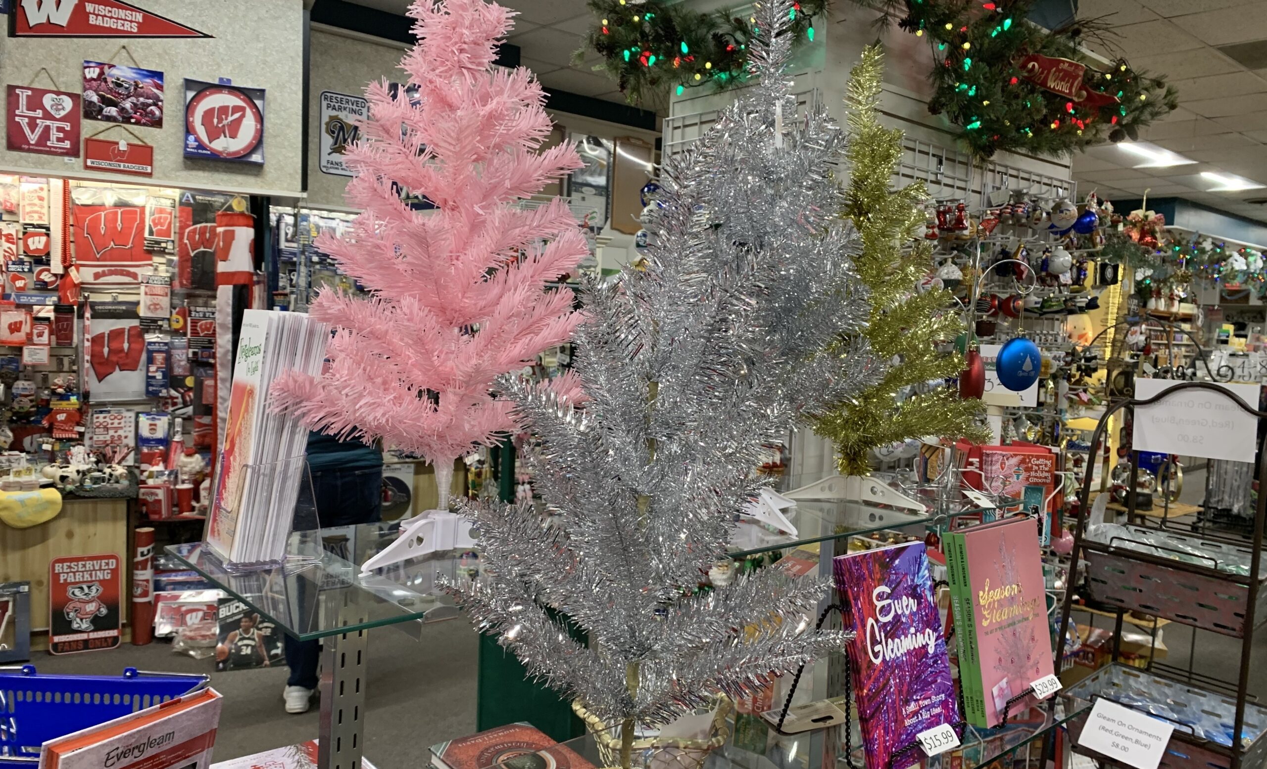 A shop display shows metal trees and books on Evergleams