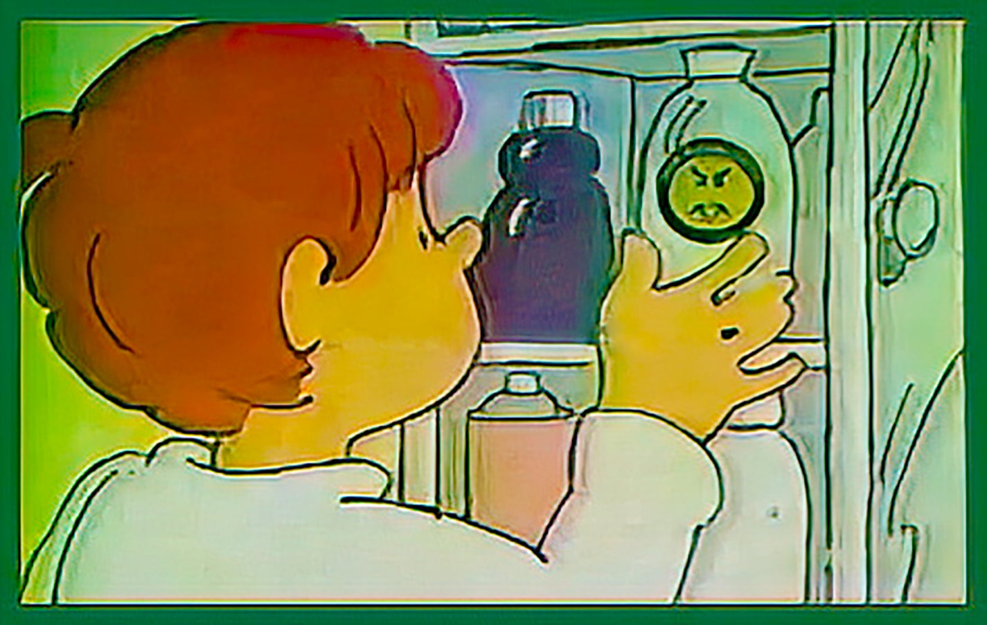 A "Mr. Yuk" public service commercial from the 1970s shows the green sticker on a cleaning product.