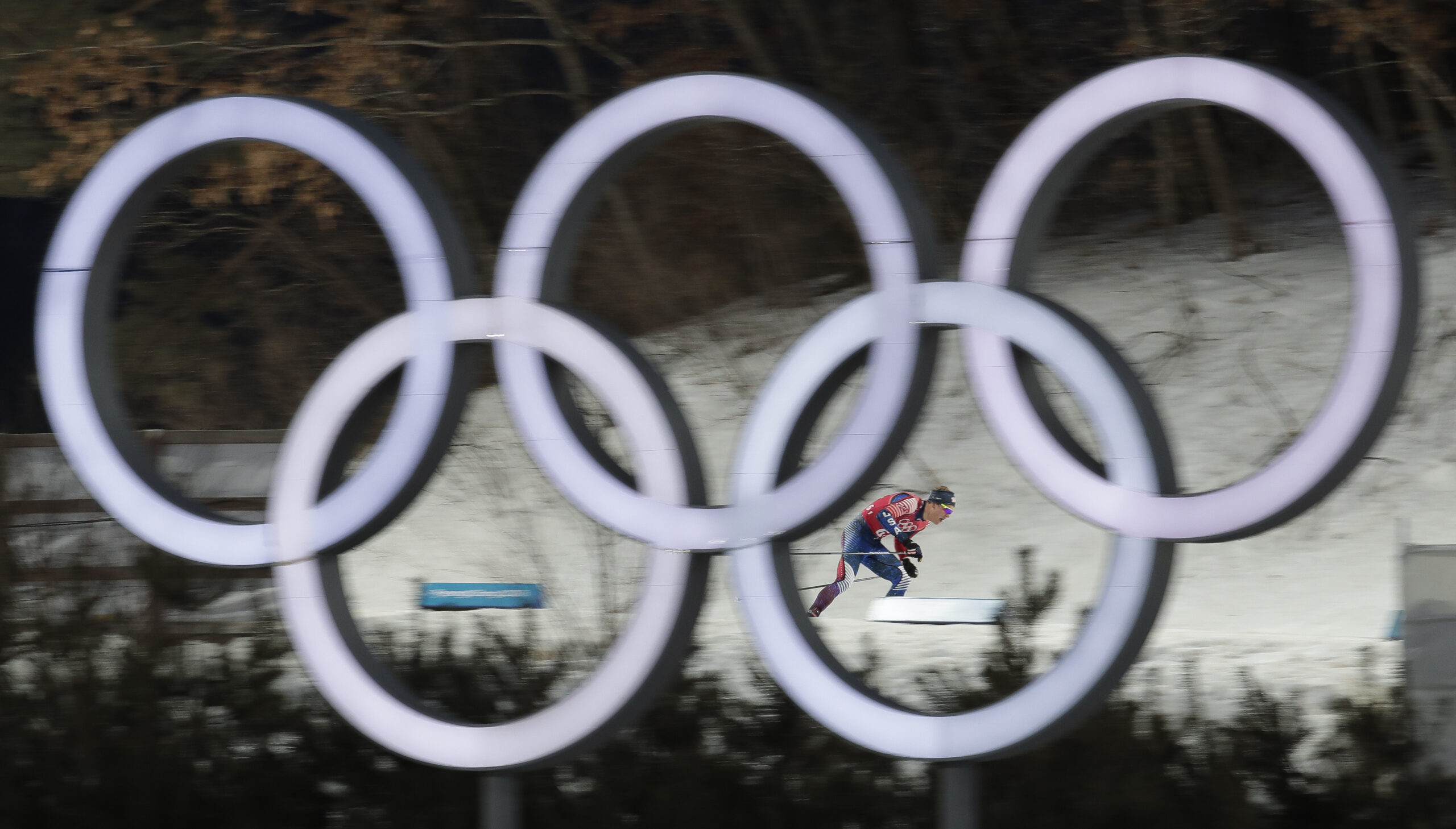A member of Team USA competes during men's team sprint freestyle semifinal cross-country skiing competition at the 2018 Winter Olympics
