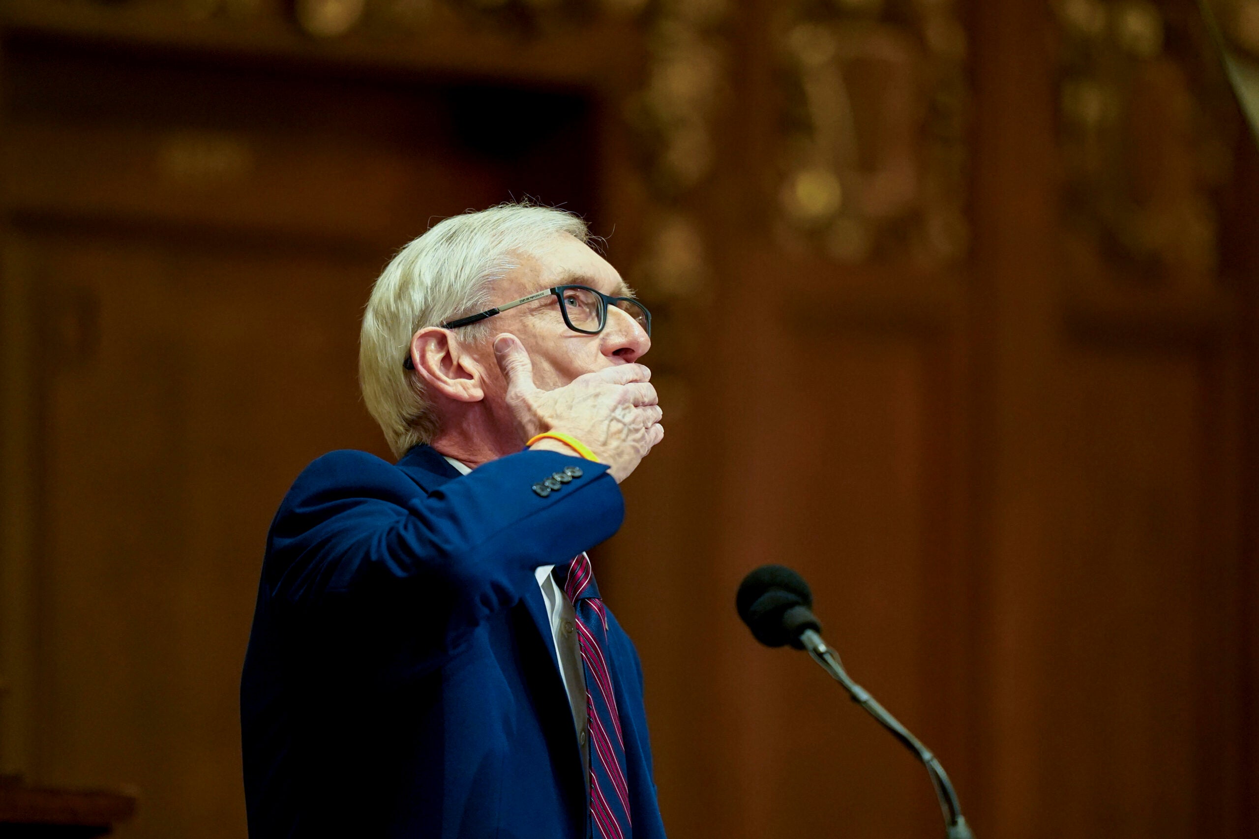 Wisconsin Gov. Tony Evers acknowledges his almost 50 years of his marriage to his wife, Kathy, at the State of the State