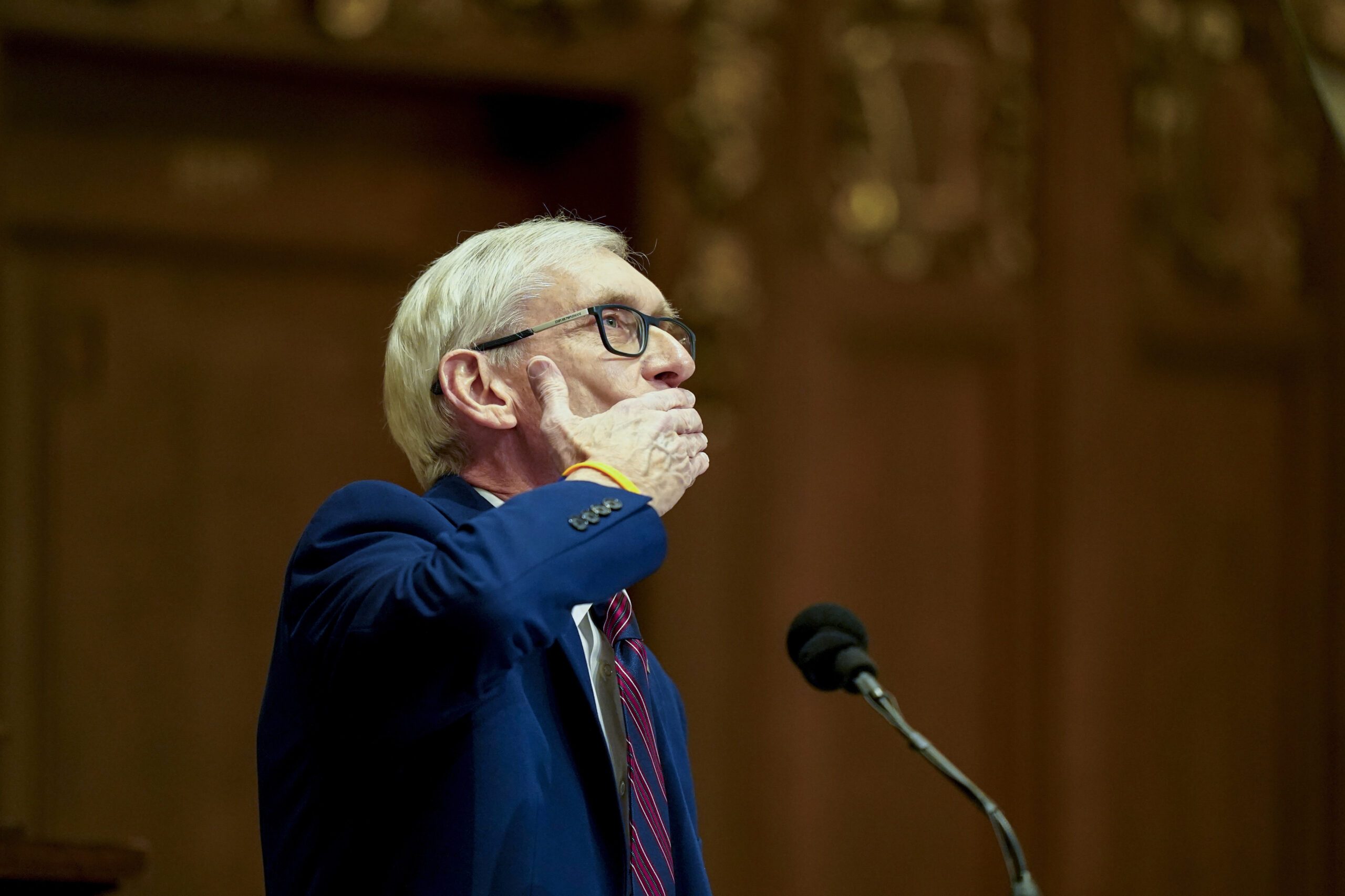 Wisconsin Gov. Tony Evers acknowledges his almost 50 years of his marriage to his wife, Kathy, at the State of the State