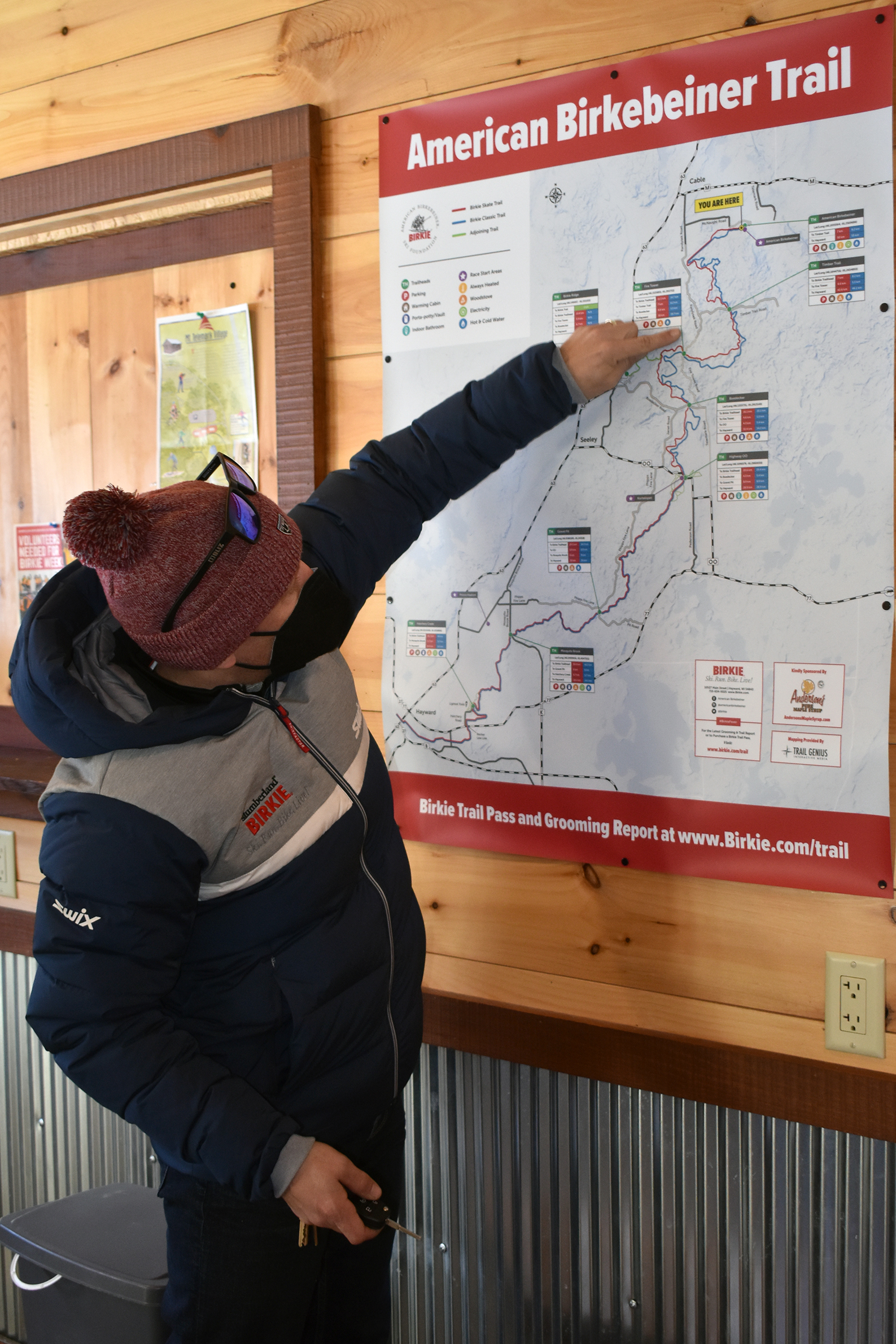 Ben Popp pointing at Birkie trail map