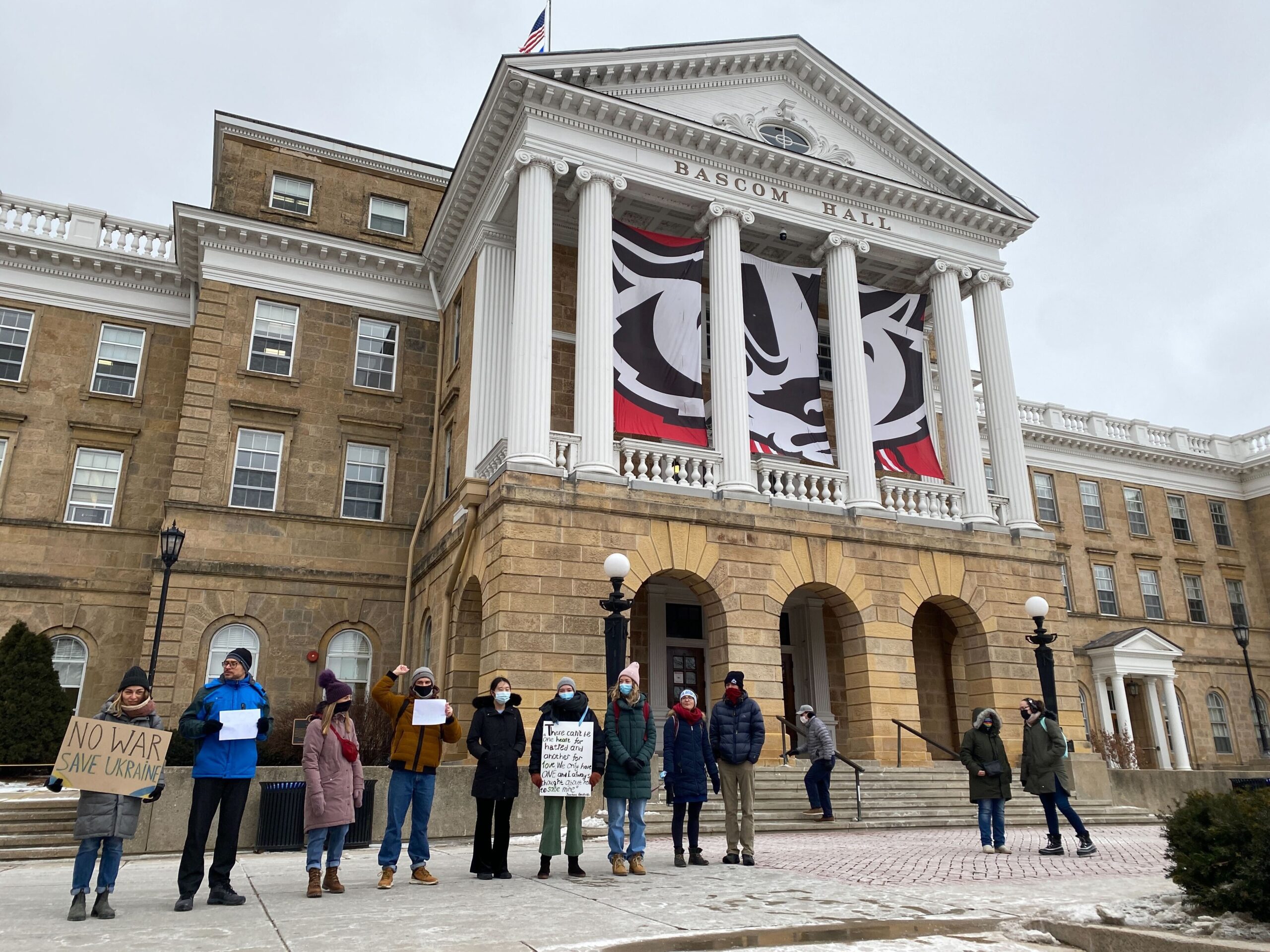 University of Wisconsin-Madison students gather to protest Russia’s invasion of Ukraine in front of Bascom Hall on Thursday