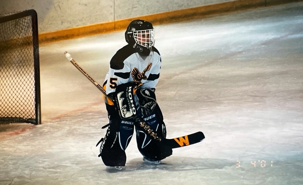 Goalie Alex Cavallini plays in a hockey game in 2001