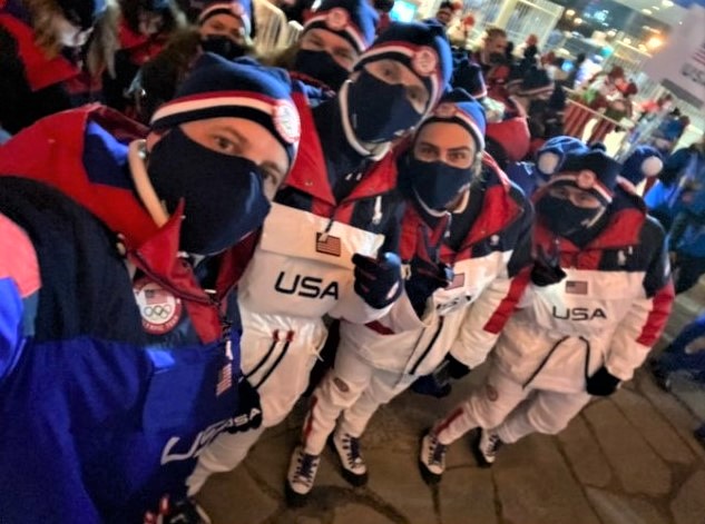 Superior's John Schuster (left), captain of the U.S. Curling Team, takes a selfie with teammates at the opening ceremonies of the 2022 Winter Olympic Games in Beijing, China. Image courtesy of Team Shuster on Twitter.
