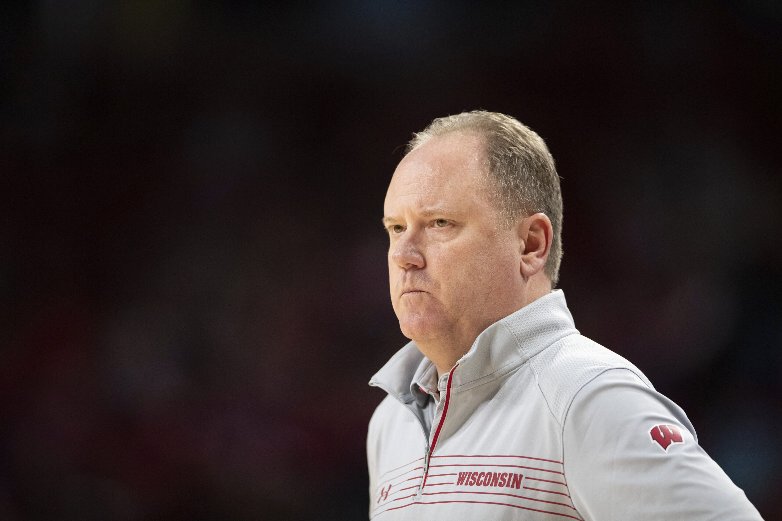 Wisconsin head coach Greg Gard watches as his team plays against Nebraska