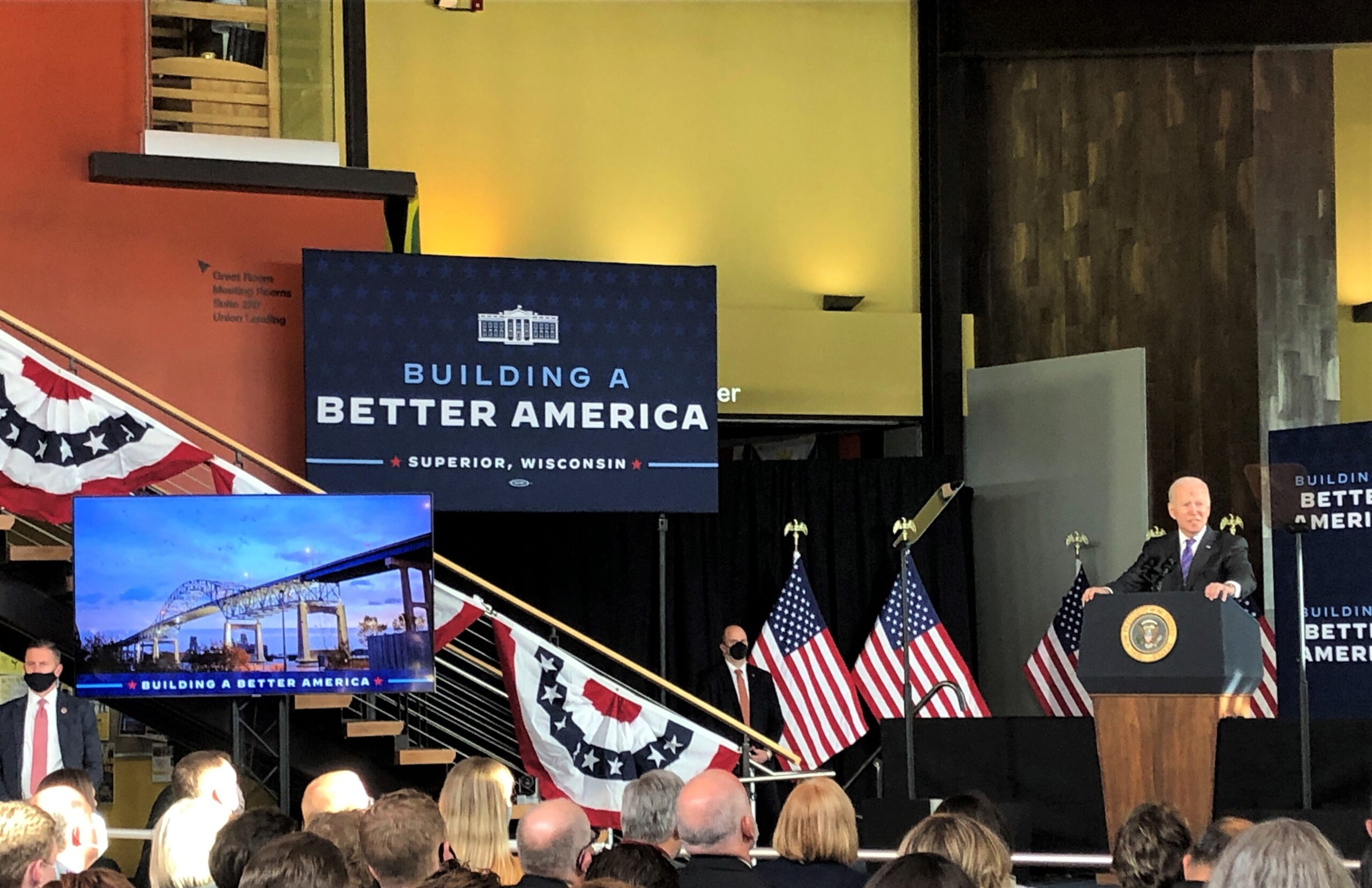 President Joe Biden speaking at UW-Superior, Wednesday, March 2, 2022. Photo by Robin Washington.