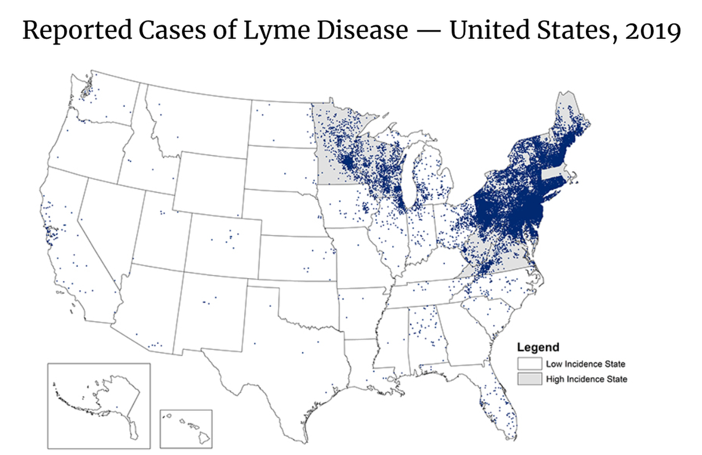 A map showing the number of cases of Lyme disease throughout the U.S.
