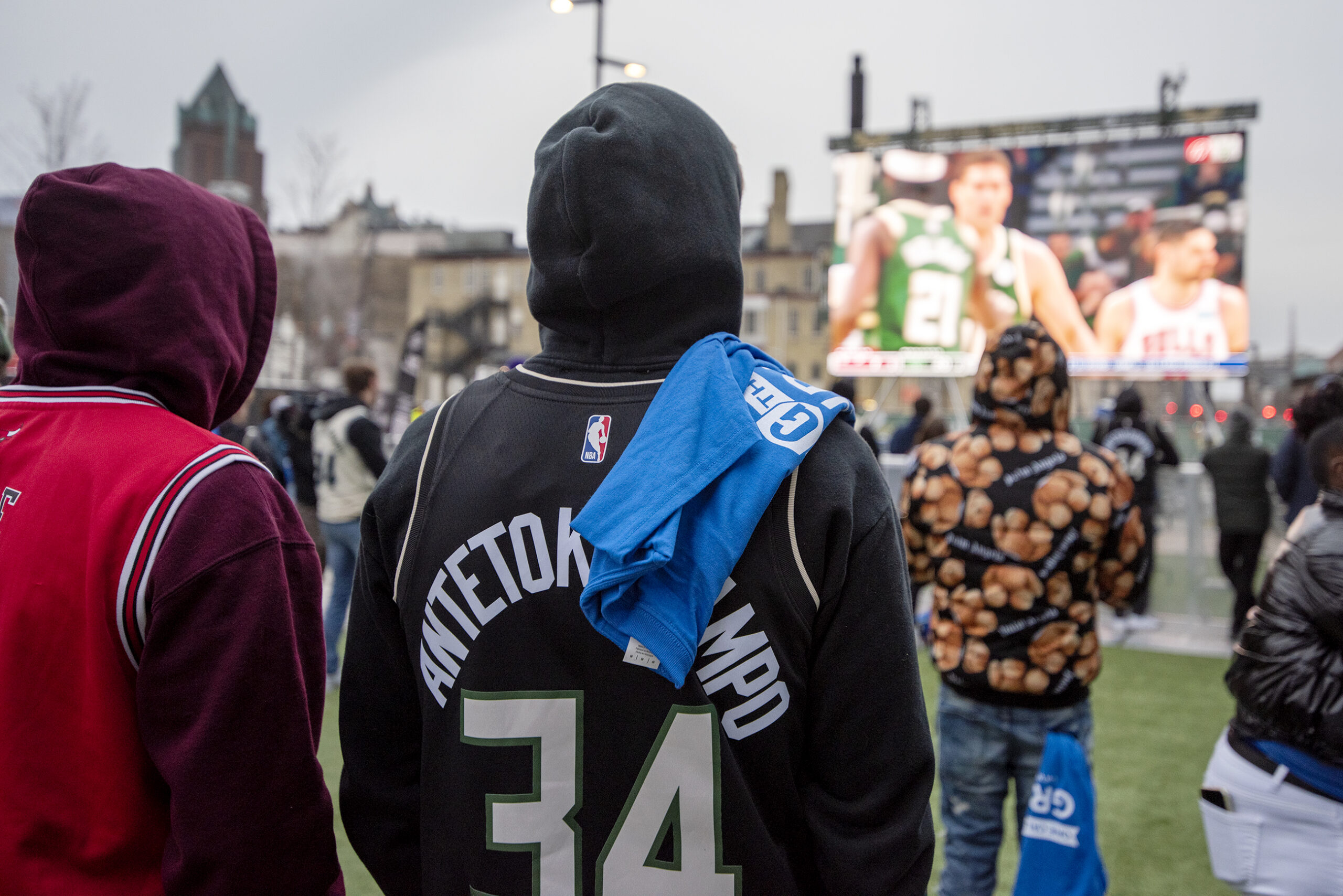 Giannis Antetokounmpo's name can be seen on the back of a fan's jersey in the Deer District.