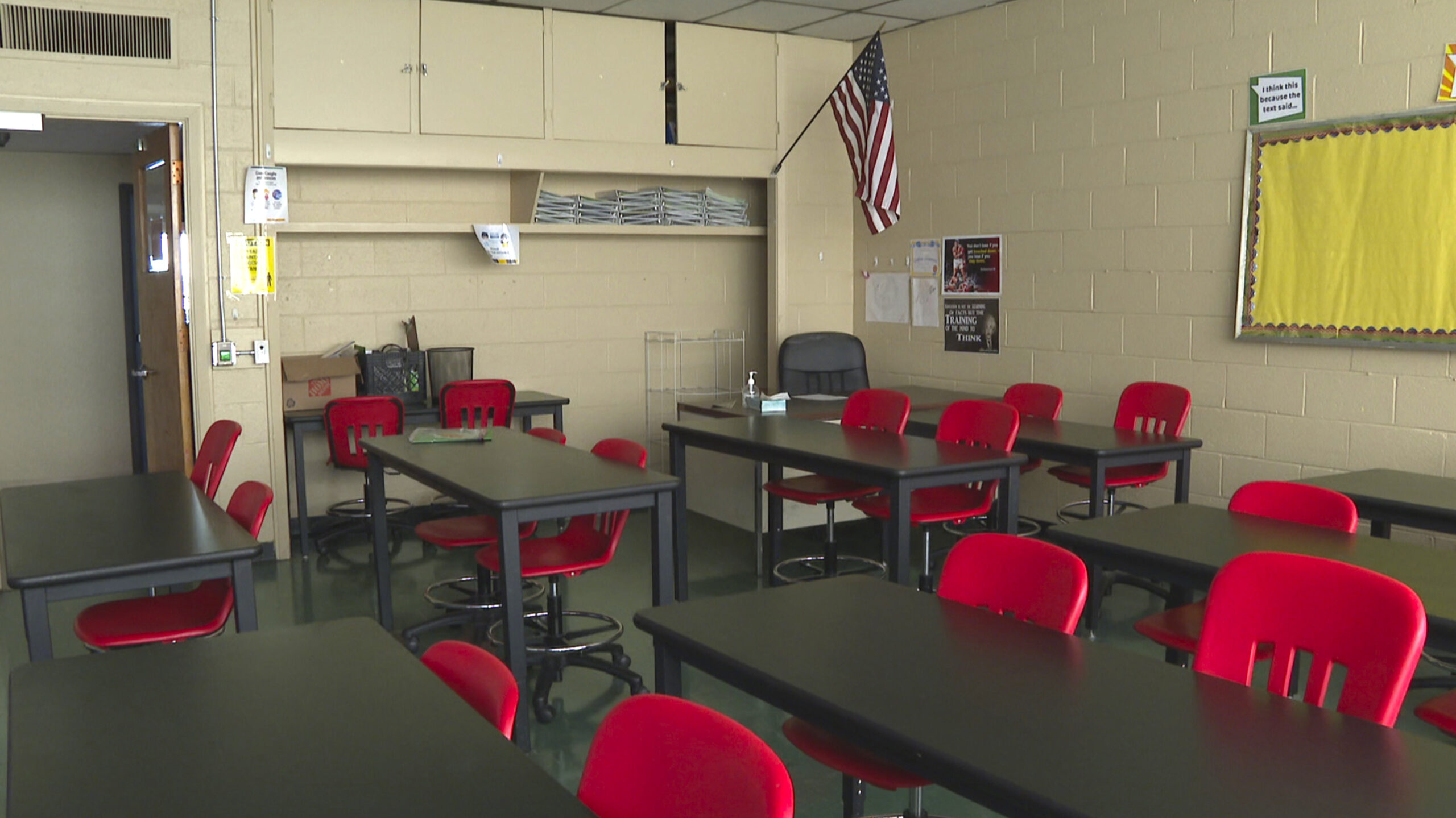 An empty classroom at David Ellis Academy in Detroit