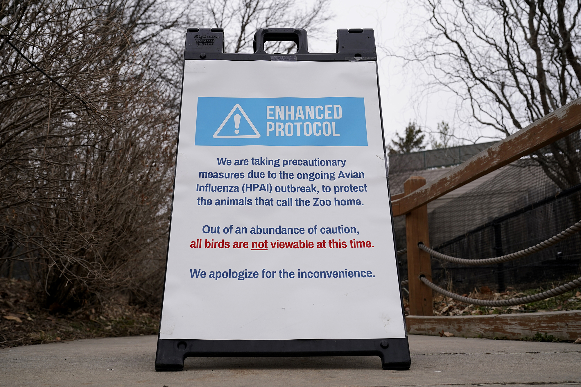 A sign is displayed instructing visitors of a closed bird exhibit at the Blank Park Zoo