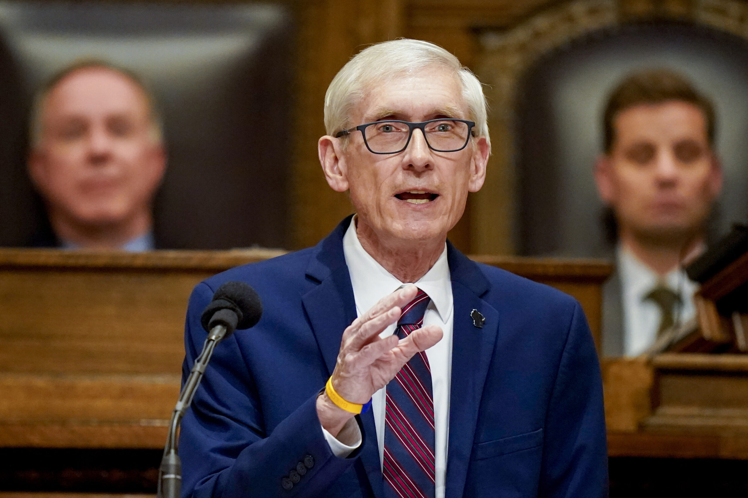 Gov. Tony Evers addresses a joint session of the Legislature in the Assembly chambers during the governor's State of the State speech