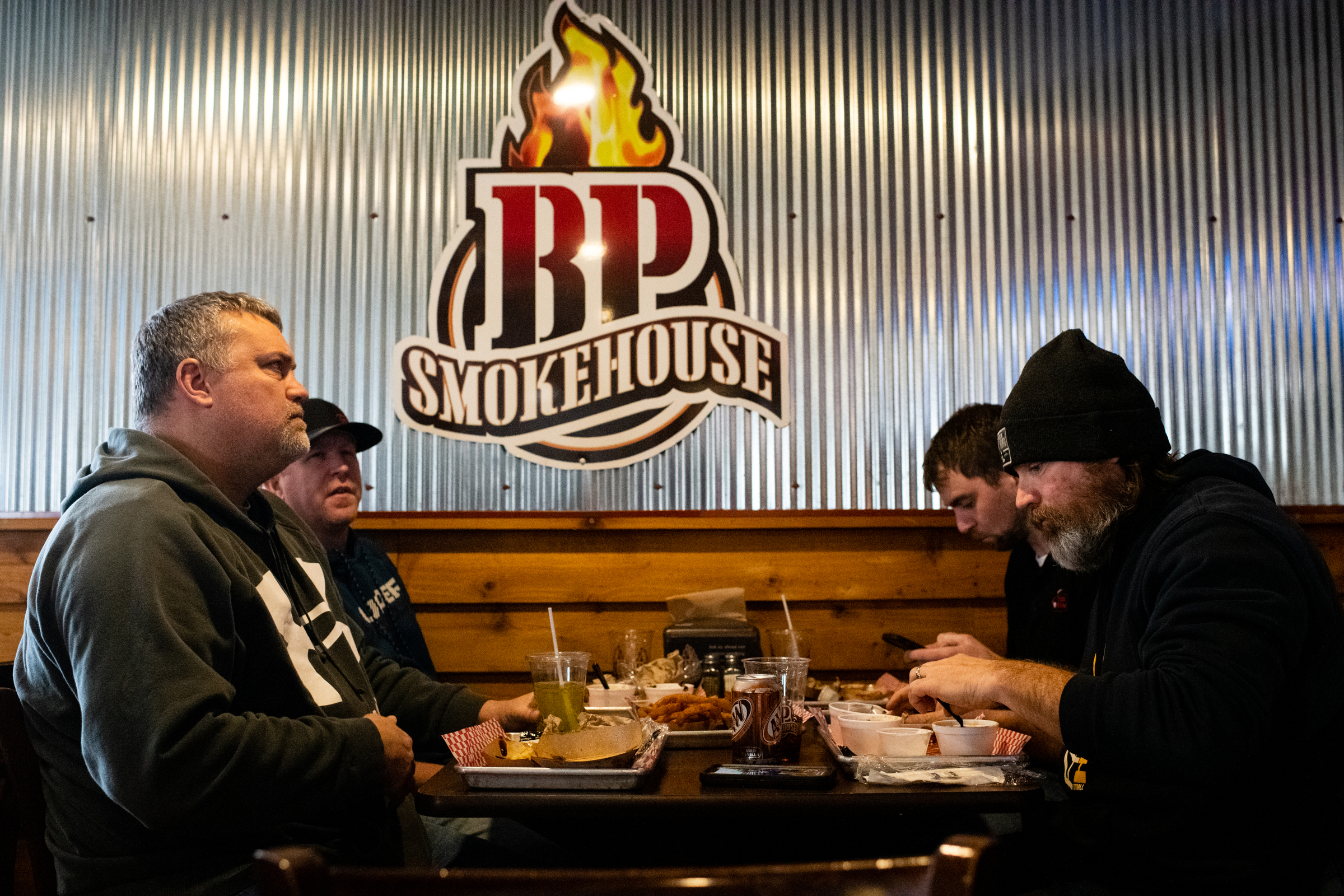 Customers eat lunch at BP Smokehouse in Tomah, Wis.