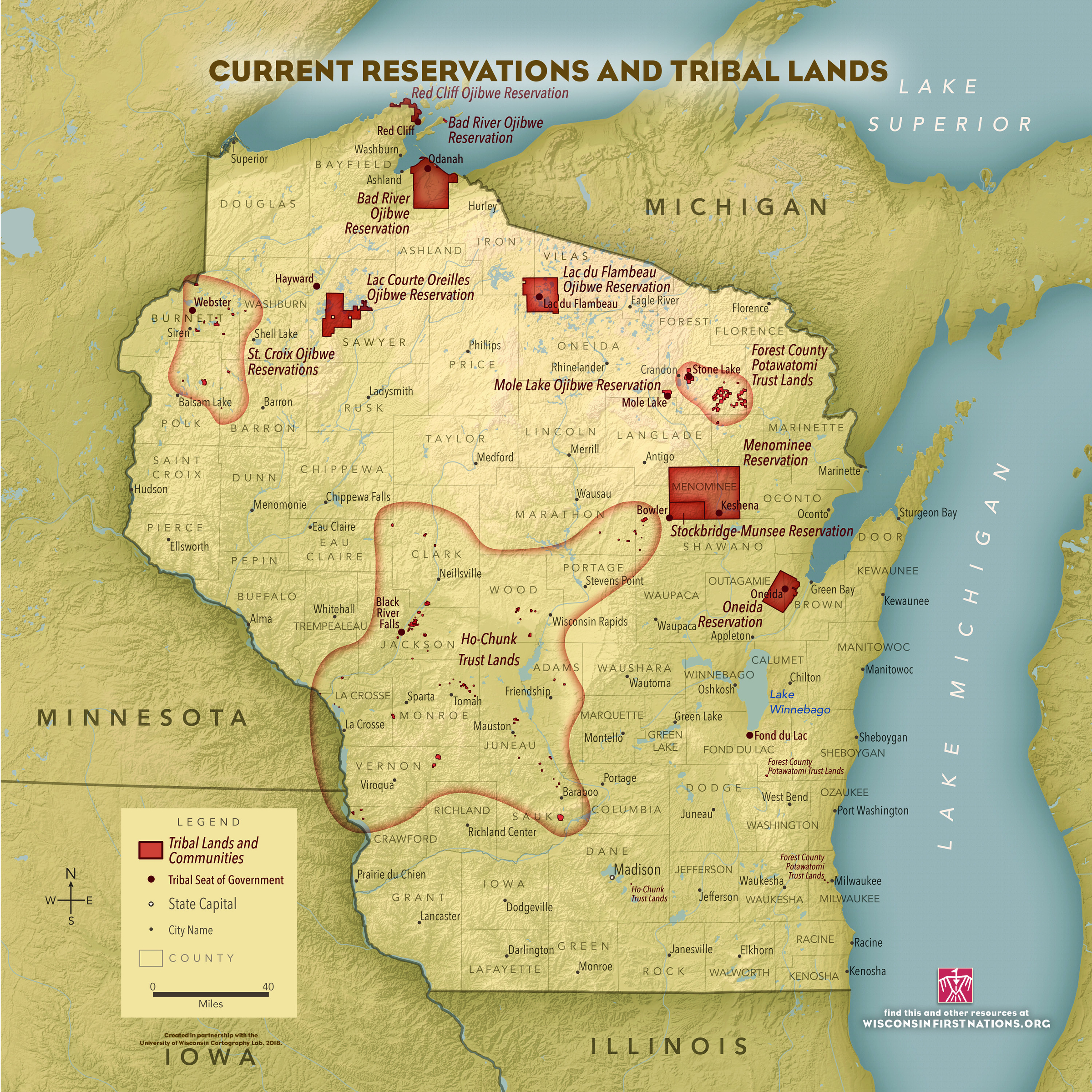 A map of the current reservations and tribal lands in Wisconsin