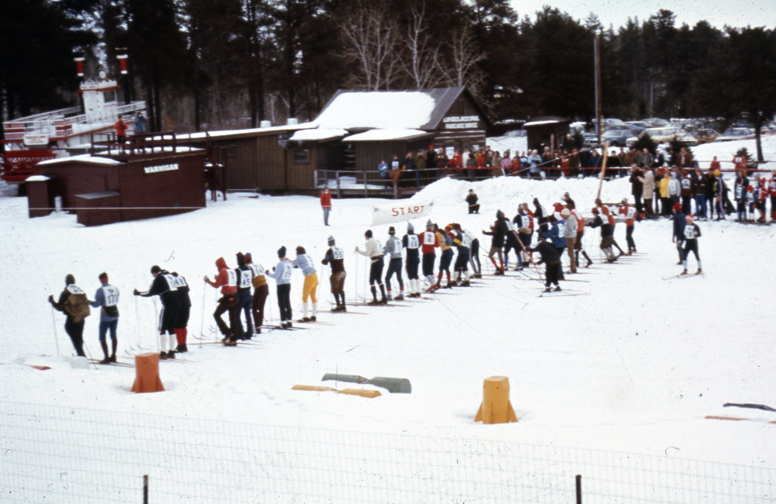 Racers line up on their skis during the first American Birkebeiner in 1973